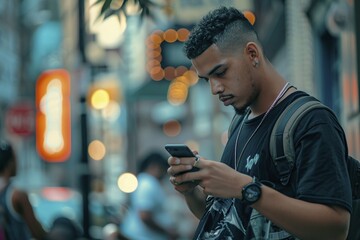attractive handsome man on the street using his smart phone - obrazy, fototapety, plakaty