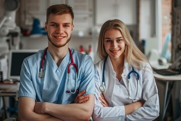 Fototapeta premium couple of doctors in the hospital posing in front of the camera