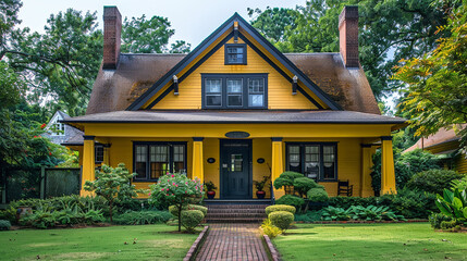 A vibrant mustard yellow craftsman-style house from the front, with a broad porch and distinctive, decorative corbels supporting  - obrazy, fototapety, plakaty