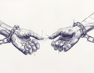 The image is a drawing of two hands, one with a chain on the wrist and the other with a bandaged finger.  - obrazy, fototapety, plakaty