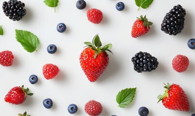 The image features a white surface topped with a variety of berries and mint leaves. There are red strawberries, blueberries, and raspberries scattered across the surface.  - obrazy, fototapety, plakaty