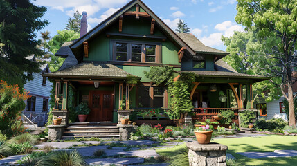 A suburban craftsman style house painted in a rich forest green hue, boasting a distinctive gabled roof and intricately detailed woodwork.  
