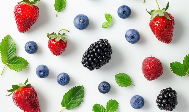 The image features a white surface topped with a variety of berries and mint leaves. There are red strawberries, blueberries, and raspberries scattered across the surface. Some of the berries are acco