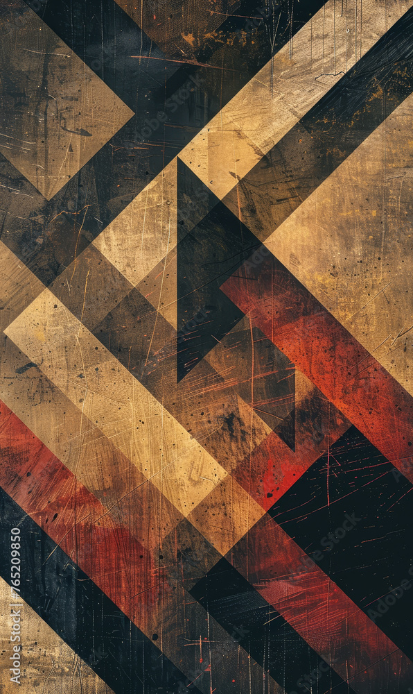 Poster  A gritty, abstract geometric design with bold red and black.