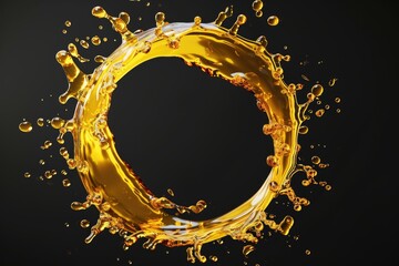 Beautiful olive or engine oil splashes arranged in a circle isolated on black background - obrazy, fototapety, plakaty