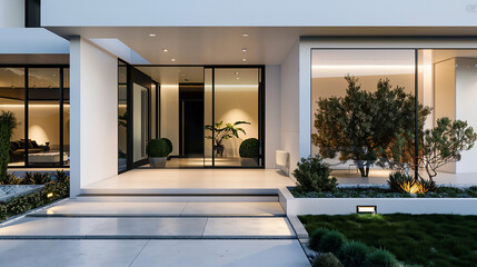 A contemporary entrance to a spacious white house, featuring clean lines and understated elegance. The front door, adorned 
