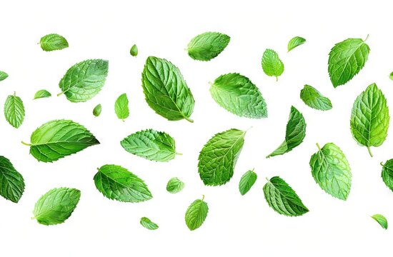 The image features a white background with a pattern of falling green leaves.