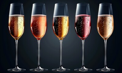 In the image, there are two wine glasses filled with champagne against a black background. The left glass, on the top, is filled with yellow bubbly champagne, while the right glass. - obrazy, fototapety, plakaty