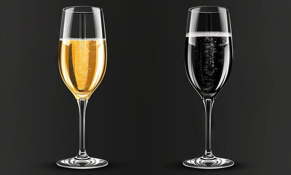 In the image, there are two wine glasses filled with champagne against a black background. The left glass, on the top, is filled with yellow bubbly champagne, while the right glass.