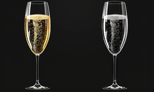 In the image, there are two wine glasses filled with champagne against a black background. The left glass, on the top, is filled with yellow bubbly champagne, while the right glass.