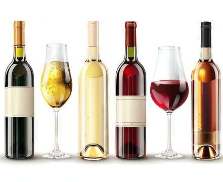 The image displays six wine bottles and six wine glasses arranged in three rows. The bottles are filled with red, white, and rosé wine, and the glasses contain white, rosé, and red wine. 