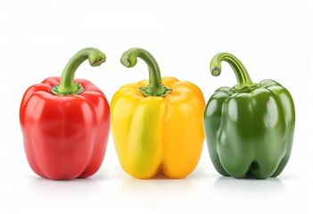 Three peppers in red, yellow, and green with green stems and leaves on a white background. - obrazy, fototapety, plakaty
