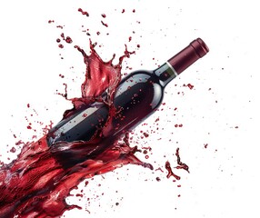 A wine bottle with a gold top is surrounded by splashes of red wine.