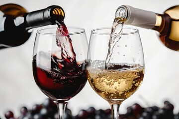 A bottle pours red wine into a glass on the left, while a bottle pours white wine into a glass on...