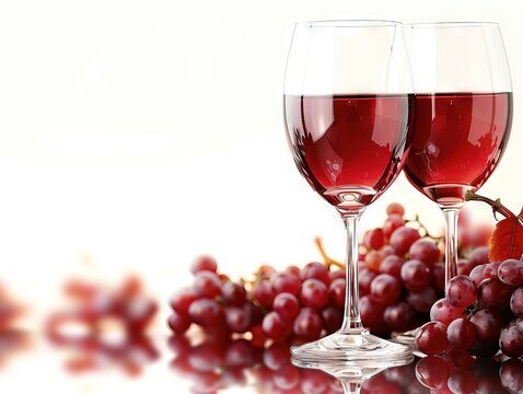 The image displays two glasses of red wine placed next to each other and filled to the brim. They are surrounded by a bunch of red grapes and their reflection on the table.