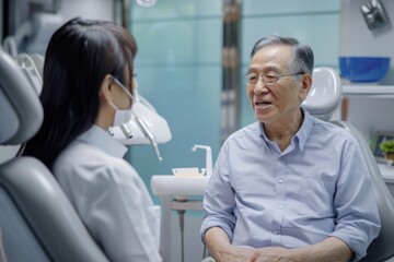 Asian dentist discusses oral health with elderly patient