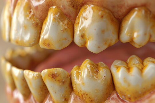 Crowded teeth with yellow colored tobacco stains. Poor oral hygiene.