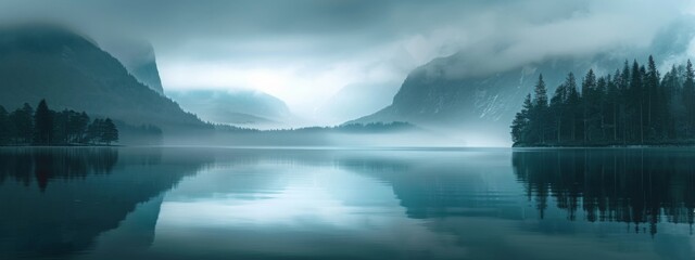 Beautiful lake in misty morning. Forest and clouds are reflected in the calm water surface. Norwegian landscape with dark forest and lake among low clouds. Nature, ecology, eco tourism	 - obrazy, fototapety, plakaty