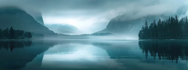 Fotobehang Beautiful lake in misty morning. Forest and clouds are reflected in the calm water surface. Norwegian landscape with dark forest and lake among low clouds. Nature, ecology, eco tourism  © JovialFox