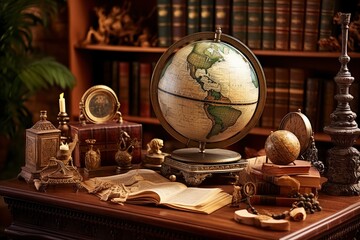 Fototapeta na wymiar Old geographical globe and map and old book in cabinet. Science, education, travel background. History and geography team. Ancience, antique globe on the background of old map - generative ai
