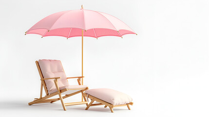  Pink Parasol and Chair Isolated on White Background