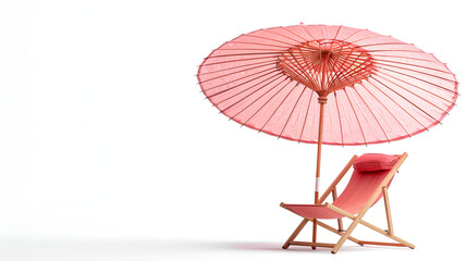  Pink Parasol and Chair Isolated on White Background