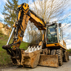 The yellow excavator is parked on the shoulder of a rural road © Piotr Front