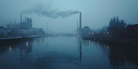 Urban area by river with nuclear power plant causing pollution urging transition to cleaner energy sources. Concept Urban Development, Environmental Pollution, Renewable Energy, Nuclear Power