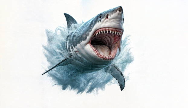 Great White Shark Leaping out of water isolated on white background