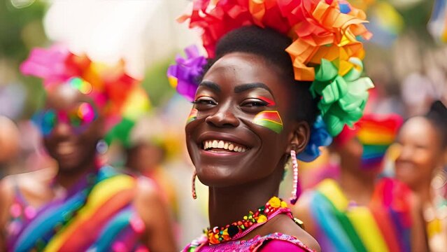 Gay African American man with face paint, wearing sun glasses and and with a rainbow curly wig smiling proudly at a gay pride event