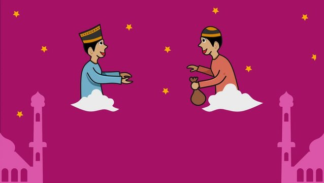 Muslim man Hand Over Zakat Fitrah Animated Illustration with Coppy Space Background