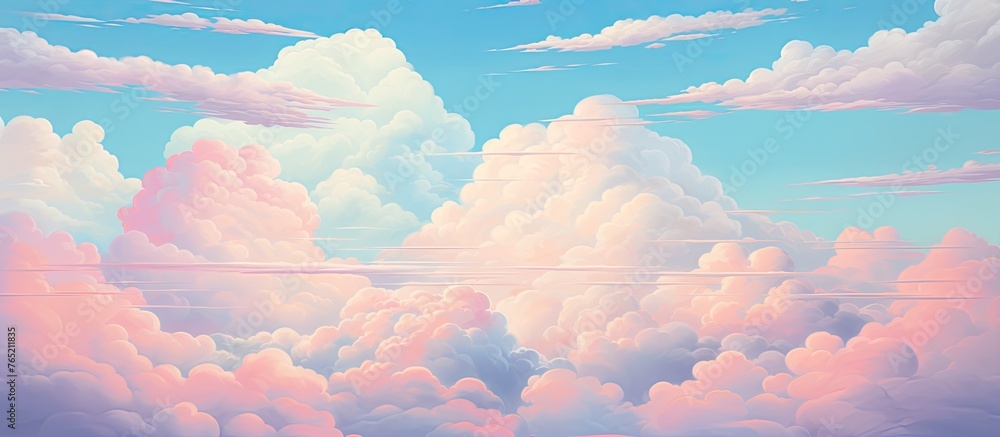 Aufkleber a natural landscape painting capturing pink and white cumulus clouds in an azure sky, creating a ser