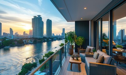 Fototapeta premium Modern balcony with comfortable chairs at sunset, city skyline background