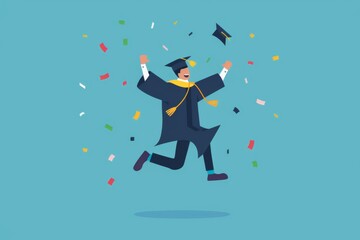 A dynamic vector graphic of a graduate celebrating their accomplishments with a joyful leap in the air 