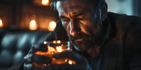 Struggle with addiction and pain of dependency symbolized by a man in distress holding a glass of alcohol. Concept Addiction Symbolism, Dependency Pain, Man in Distress, Alcohol Glass - obrazy, fototapety, plakaty