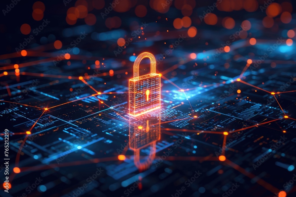 Poster padlock icon protecting data in cyber security network.