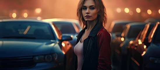 An Arabic woman looking contemplative while standing in a parking lot surrounded by various parked cars