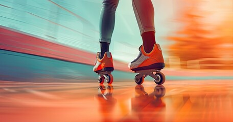 Naklejka premium A competitive roller skater in sportswear, performing in a skating rink, photorealistik, solid color background