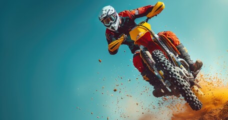 A professional motocross rider in racing gear, performing a jump, on a motocross track, photorealistik, solid color background