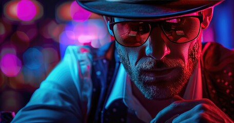 A professional poker player in casino attire, playing in a high-stakes game, photorealistik, solid color background