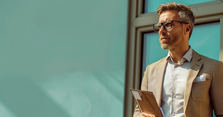 A real estate agent in professional attire, holding house keys and a property brochure, standing in front of a home, photorealistik, solid color background