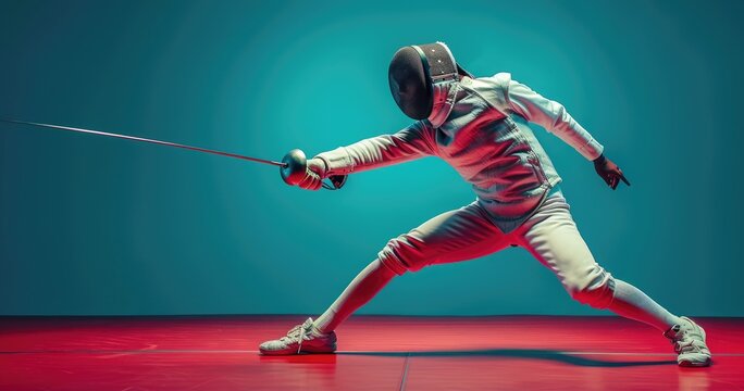 A professional fencer in fencing gear, competing in a fencing bout, photorealistik, solid color background