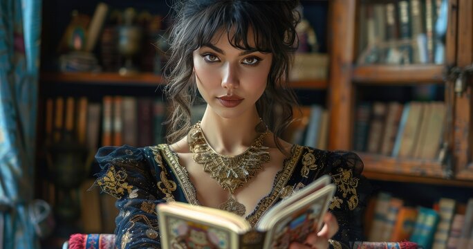 A professional tarot reader in mystical attire, holding tarot cards, standing in a reading room, photorealistik, solid color background