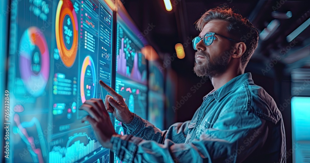 Poster a data visualization expert in casual attire, holding an interactive data display, standing in a tec