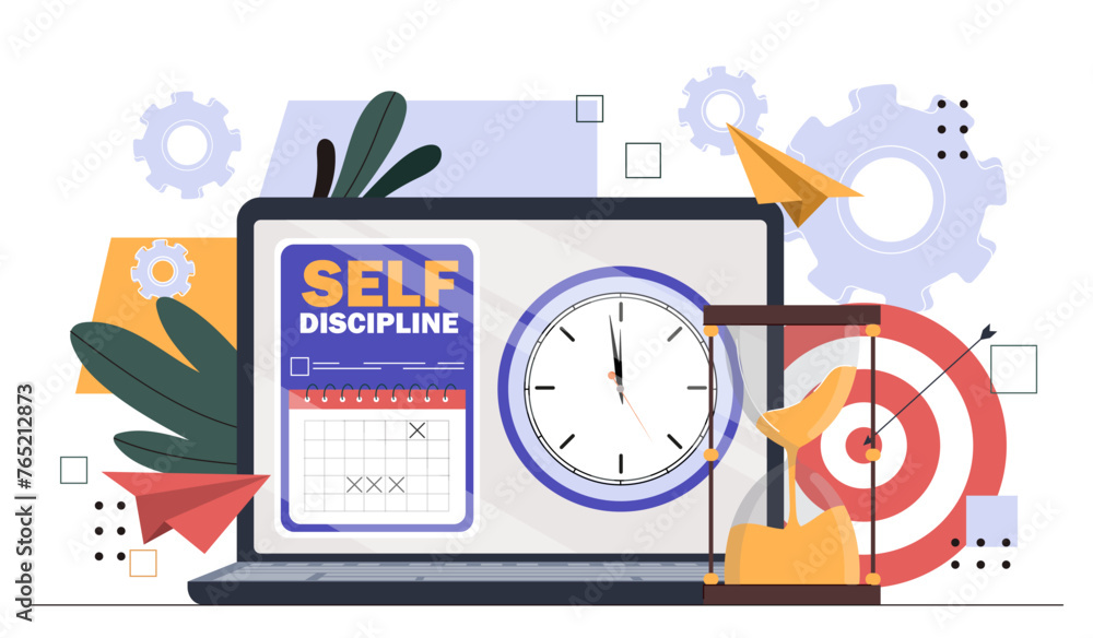 Poster self discipline concept. laptop with timers and hourglass. deadline, goal and task settings. time ma
