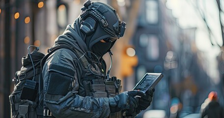 A bounty hunter in tactical gear, reviewing information on a digital tablet, in an urban environment, photorealistik, solid color background - obrazy, fototapety, plakaty