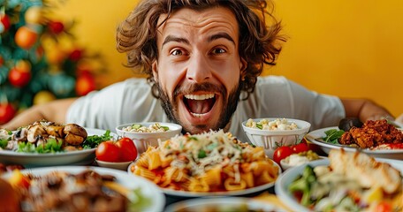 A competitive eater in an eating contest, surrounded by plates of food, solid color background