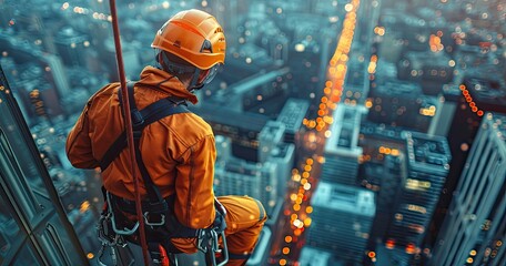 A high-altitude worker in safety harness, performing repairs on a skyscraper, photorealistik, solid color background