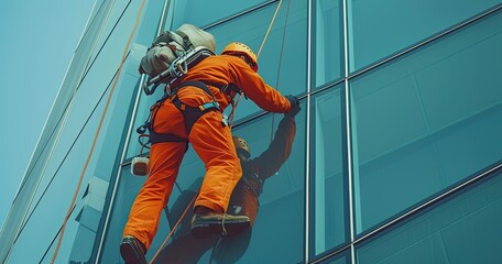 A high-rise window washer in safety gear, hanging from a harness, cleaning a skyscraper window, solid color background - obrazy, fototapety, plakaty