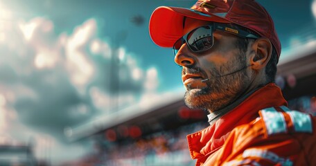 A motor racing official in race control uniform, overseeing a racing event, photorealistik, solid color background - obrazy, fototapety, plakaty